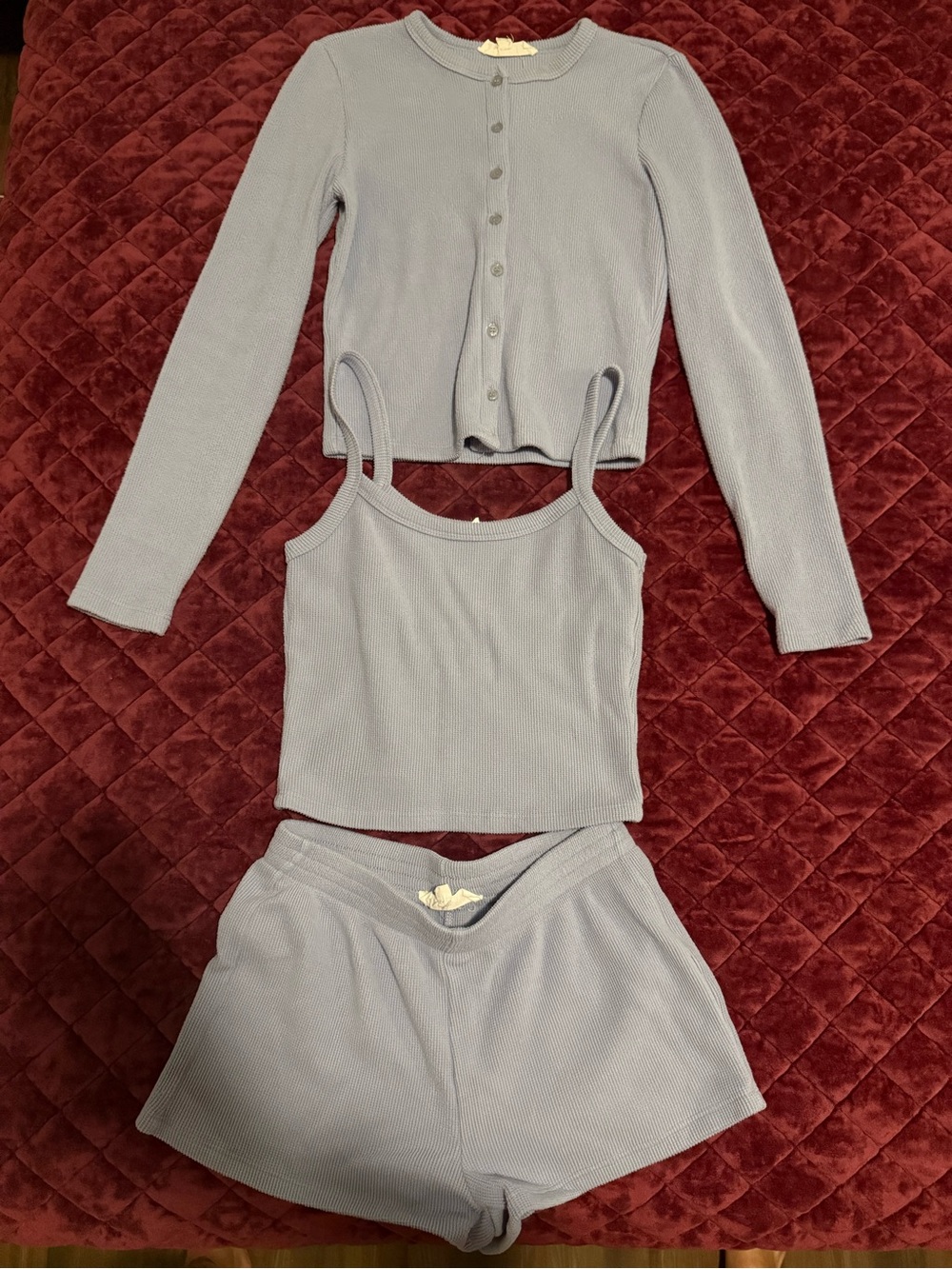 Pink Rose Light Blue Ribbed 3-Piece Lounge Set: Cardigan, Tank & Shorts
